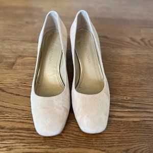Stuart Weitzman nude suede block heel pump